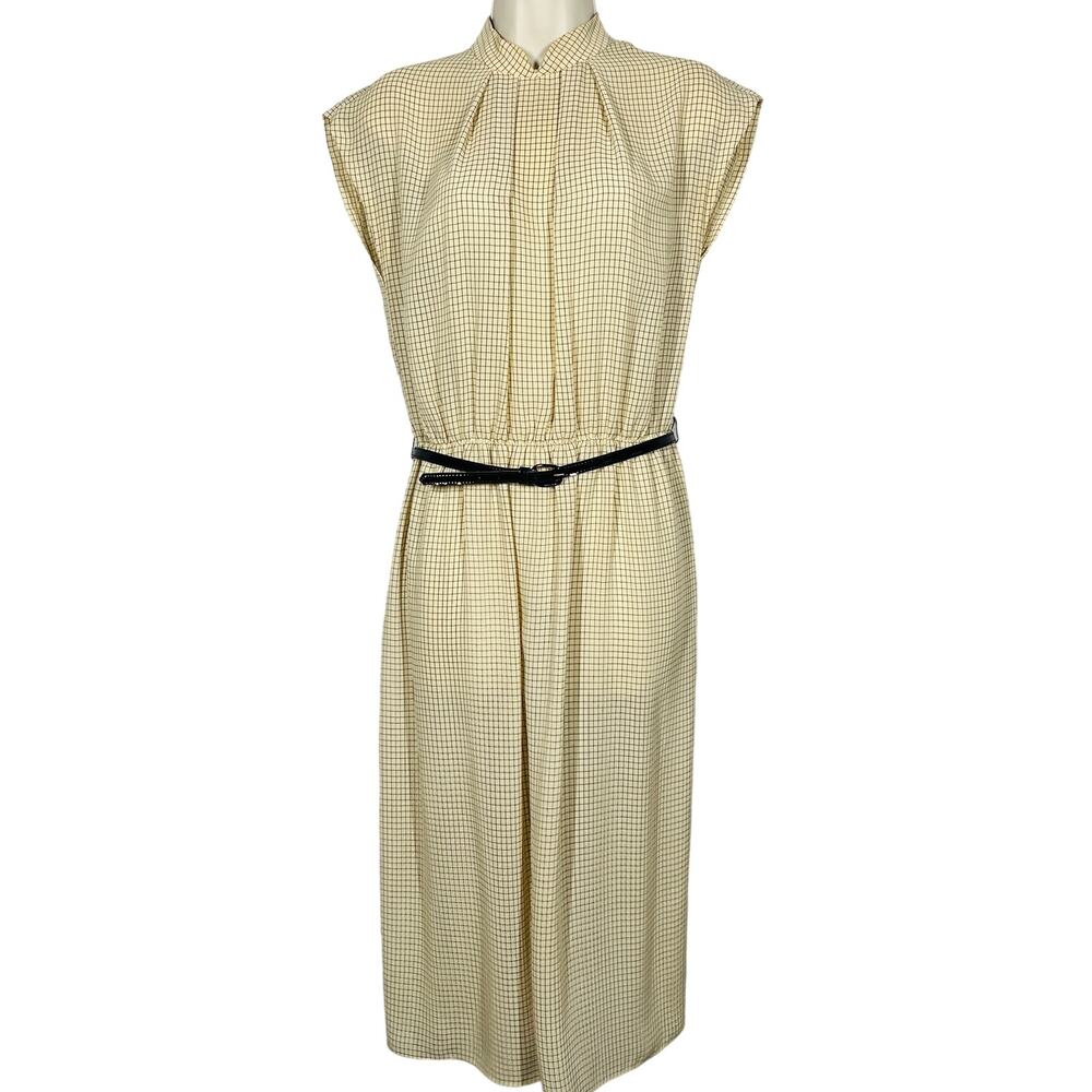 Vintage 80s Leslie Fay Sleeveless Midi Dress Checker Belted Classic Cream - 12